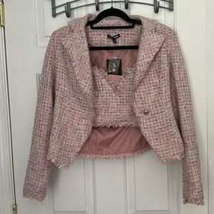 3 Piece Pink Tweed Skirt Blazer Set